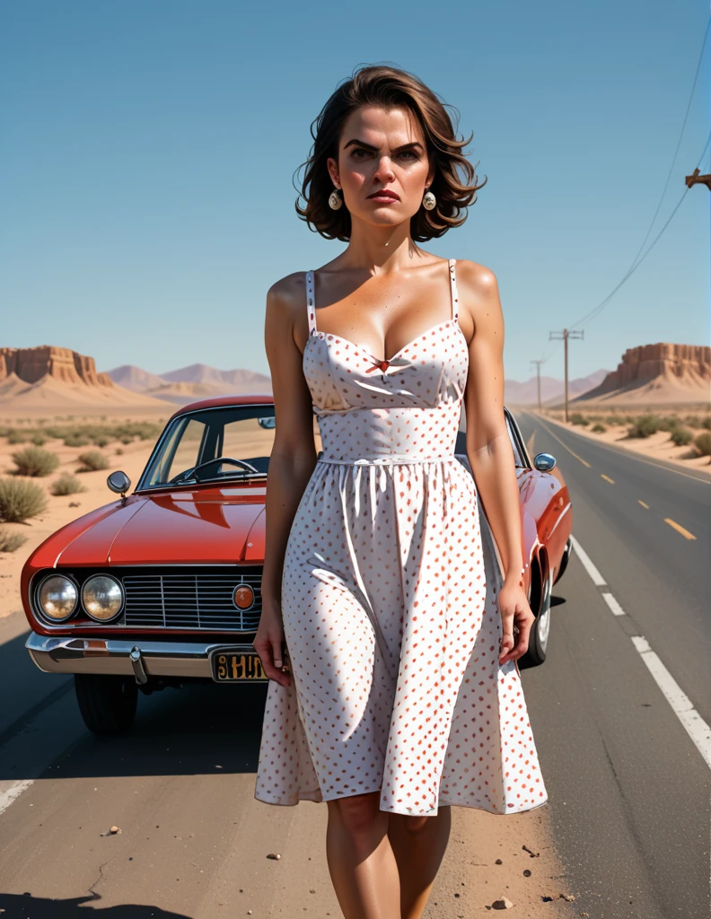 1950s style, angry [woman:Maude Adams:0.1] in a polka dot dress, leaving her broke down and steam comes out of her Hudson Hornet classic car, walking towards camera, fists clenched, empty highway in the desert, perfect face, ultra sharp focus, high quality, ultra high resolution, cinematic, masterpiece, Annie Leibovitz Photography Style