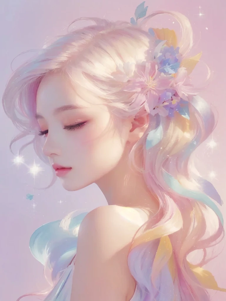 Long hair、Flowers in her hair、Close-up of a woman with eyes closed, rossdraws pastel vivid, Beautiful artwork illustration, Beautiful anime portraits, Soft anime illustration, Exquisite digital illustrations, Heavenly Beauty, In the art style of Bouwater, Beautiful fantasy art portraits, Pastel drawing, Beautiful digital painting