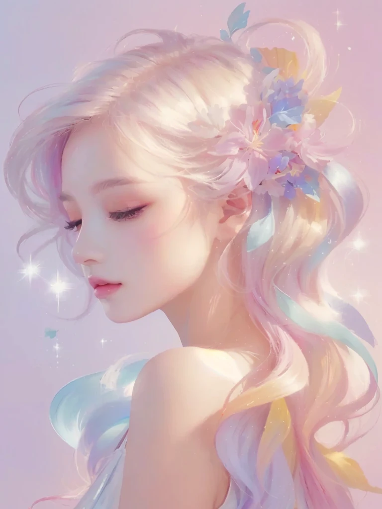 Long hair、Flowers in her hair、Close-up of a woman with eyes closed, rossdraws pastel vivid, Beautiful artwork illustration, Beautiful anime portraits, Soft anime illustration, Exquisite digital illustrations, Heavenly Beauty, In the art style of Bouwater, Beautiful fantasy art portraits, Pastel drawing, Beautiful digital painting