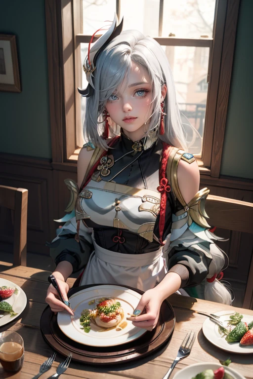 Shenhe_(genshin impact), long hair, white hair, floating hair, flowing hair, ornament hair, chinese hairpin, golden roses ornament on her hair, maid, maid dress, maid headdress, maid apron, braided hair, white hair, long hair, seat on the table, dinner room, minimalist home style, maid dress, white dress, more details on her clothes, golden details on her clothes, smiling, holding a strawberry close to her mouth, plates on the table in background, black lanterns on the wall, a window in the background,