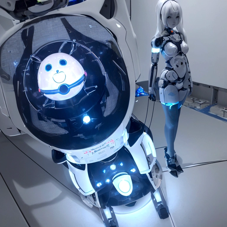 a cute AI robot, smooth and round, futuristic artificial intelligence, ethereal oc render, best quality, 8k, ultra-detailed, photo-realistic, vivid colors, studio lighting, dynamic pose, intricate mechanical details, glowing blue lights, shiny metallic surfaces, advanced technology, minimalist industrial background, sleek modern design