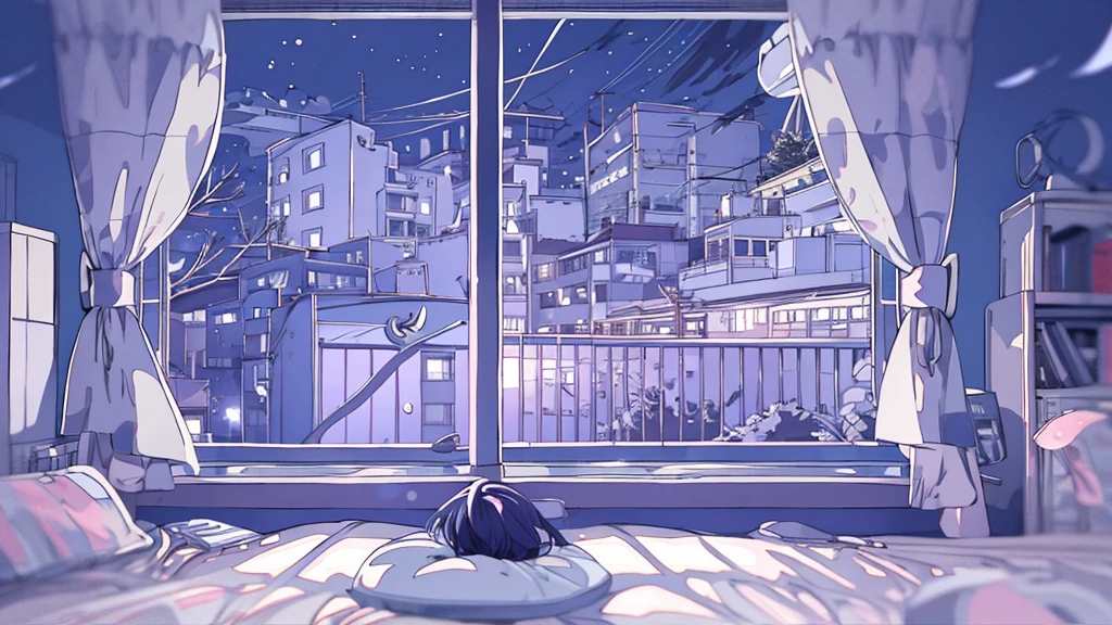 Detailed anime girls, clad in large sweaters, don headband headphones, basking in the praises of admirers. The quiet ambiance, enveloped in a tranquil atmosphere, contrasts the sudden exclamation of "That's horrible!" as she gazes out of her bedroom window into the stillness of the night. A feline companion perched beside her completes this masterpiece of the highest quality.