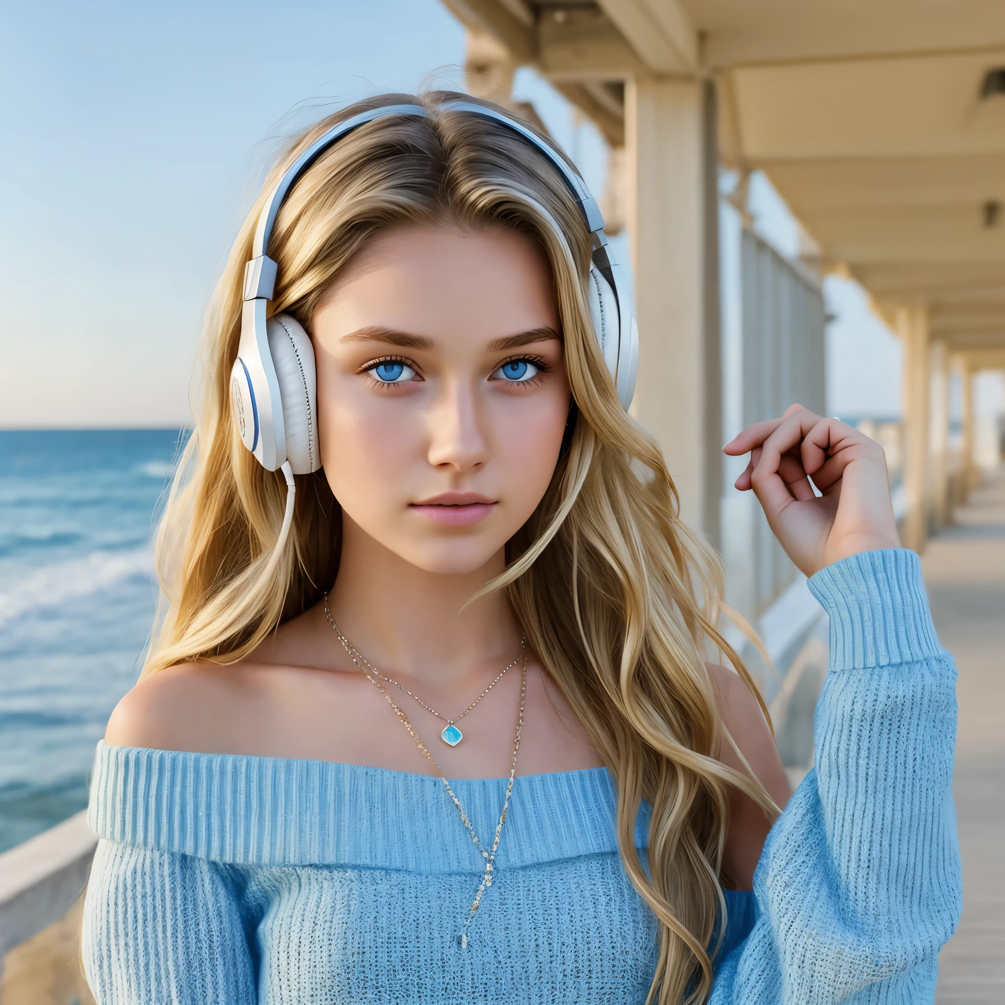One Girl, Age 15age, alone, Long Hair, huge , View your viewers, Blonde, Bare shoulders, Blue eyes, gem, whole body, necklace, Off the shoulder, sweater, Realistic, Sexy、headphone,dj
