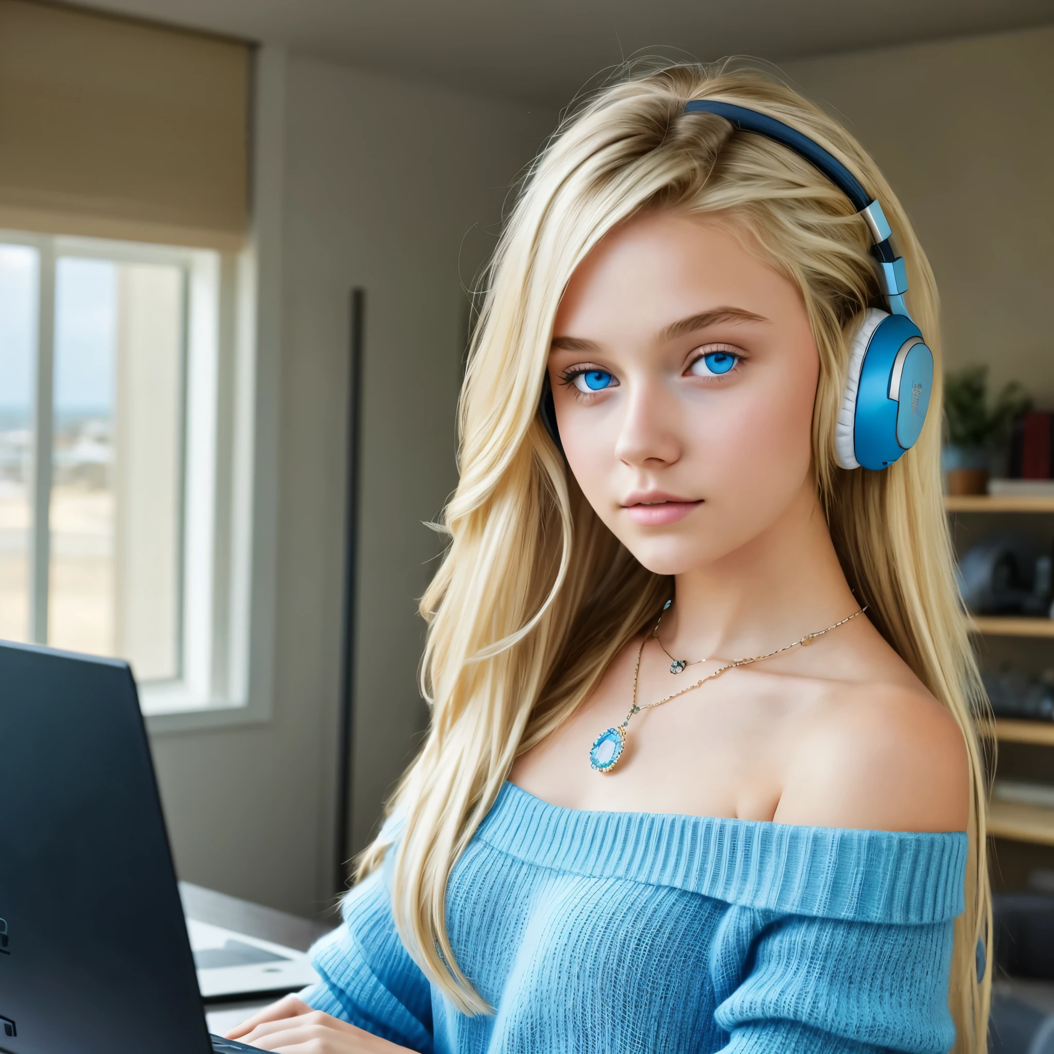 One Girl, Age 15age, alone, Long Hair, huge , View your viewers, Blonde, Bare shoulders, Blue eyes, gem, whole body, necklace, Off the shoulder, sweater, Realistic, Sexy、headphone,dj