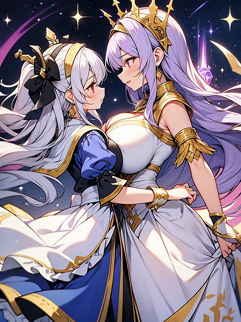 2people,face to face,from side,
//
1of2=Ishtar,goddess,silver hair,dress of gold and lapis lazuli with huge tits,
//
2of2=Ninshubur,maid uniform frilly headband,light purple hair,