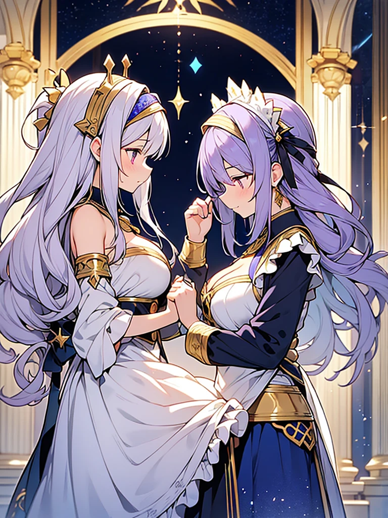 2people,face to face,from side,
 // 
1of2=Ishtar,goddess,silver hair,dress of gold and lapis lazuli with huge tits,
 // 
2of2=Ninshubur,maid uniform frilly headband,light purple hair,