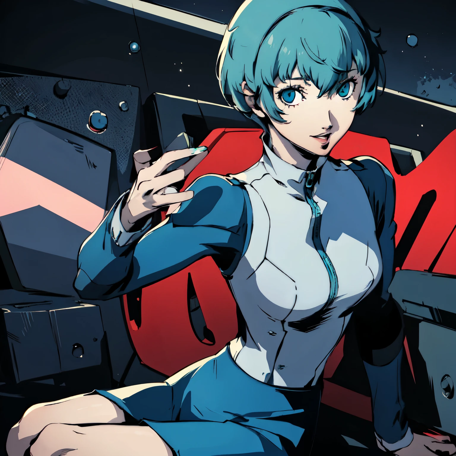 ((P3 Yamagishi Fuuka)),masterpiece, ((best quality)),((1 girl)), blue eyes, light aqua hair, female , tomboy Pixie haircut, deep blue suit,smiling,hacker,in the,dark room,sitting,looking monitor,long skirt,sexy,
