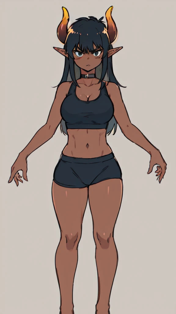 ((1girl,solo,mature female,tall)),medium breasts,long hair, black hair,angry expression,horns,elf ears,black scarf,cleavage,(dark skin),((black sports bra, midriff)),