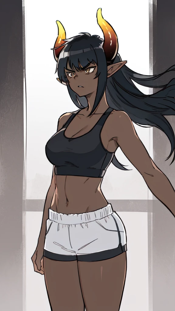 ((1girl,solo,mature female,tall)),medium breasts,long hair, black hair,angry expression,horns,elf ears,black scarf,cleavage,(dark skin),((black sports bra, midriff)),