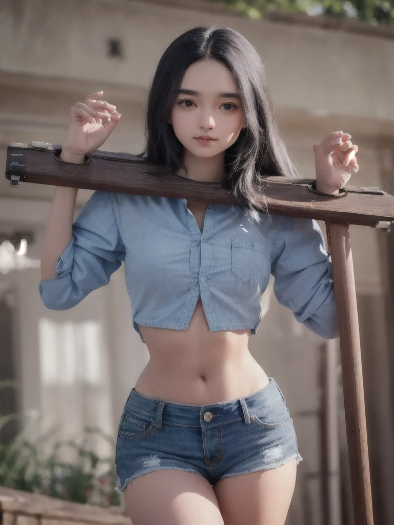 In university, university girl in green crop top button shirt, blue jean, showing navel, colleges student, (((pillory)))