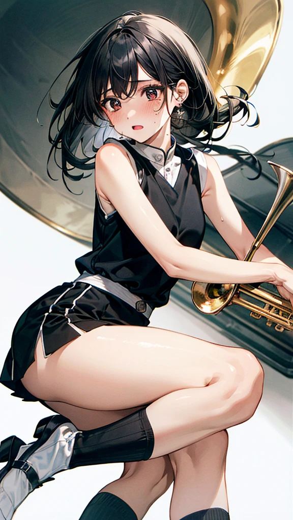 high resolution。High resolution、Low - Angle、masterpiece、Beautiful black-haired girl、17 years old、Round eyes、Playing the Trumpet、White sleevelesiniskirt and knee socks。sweating、high resolution8K