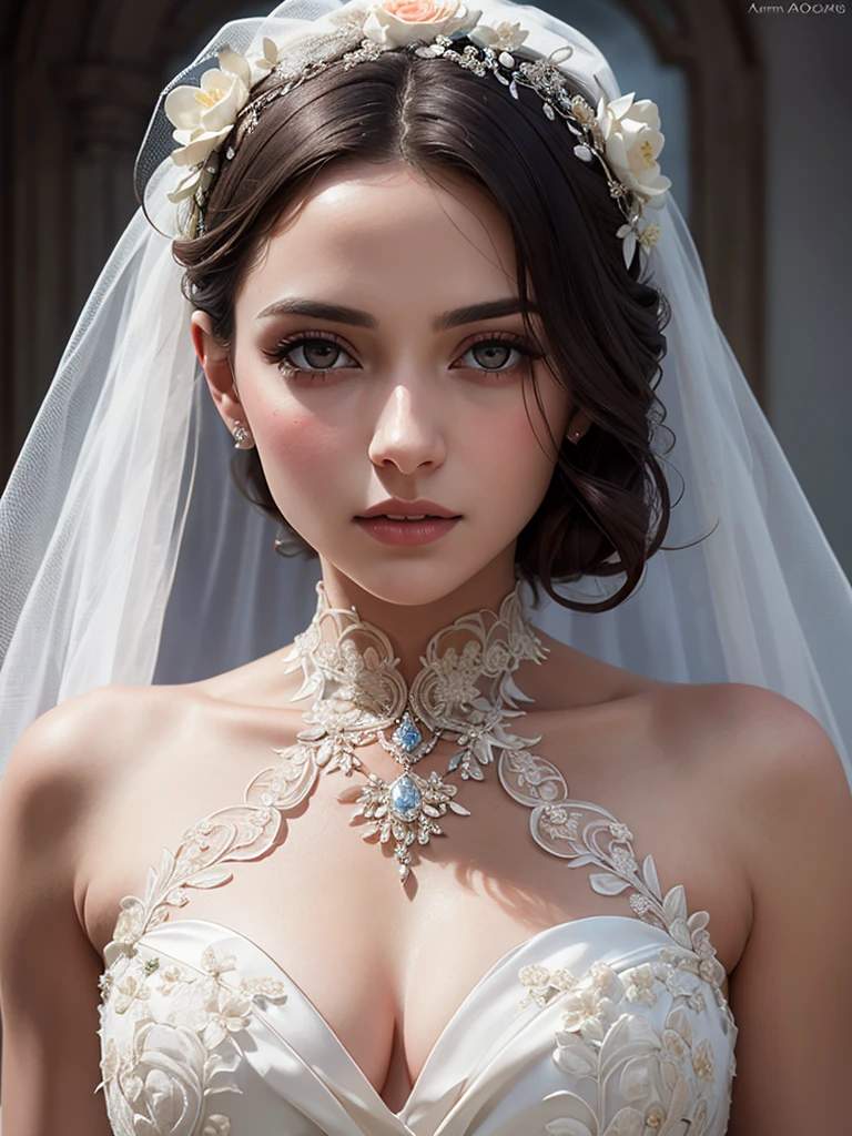 portrait Kendall Jenner, wearing veil bride tiara costume, against the background of the Notre Dame Cathedral, character portrait, 4 3 9 0 s, curly hair, intricate, elegant, highly detailed, digital painting, artstation, concept art, smooth, sharp focus, illustration, art by wlop, charlie bowater and alexandra fomina, 36k, glittering, shining