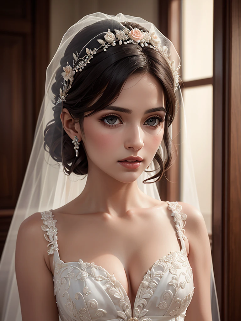 sensual, beautiful, female, Women, (bride:vestido de bride:1.1), flower, cord, veil, romantic, passionate, amar, desire, seduction, attractive,, Hyperrealistic art, (Masterpiece, high quality, Best Quality:1.2), (intricate, detailed:1.2),Extremely high resolution details, photographic, Realism taken to the extreme, fine texture, incredibly realistic