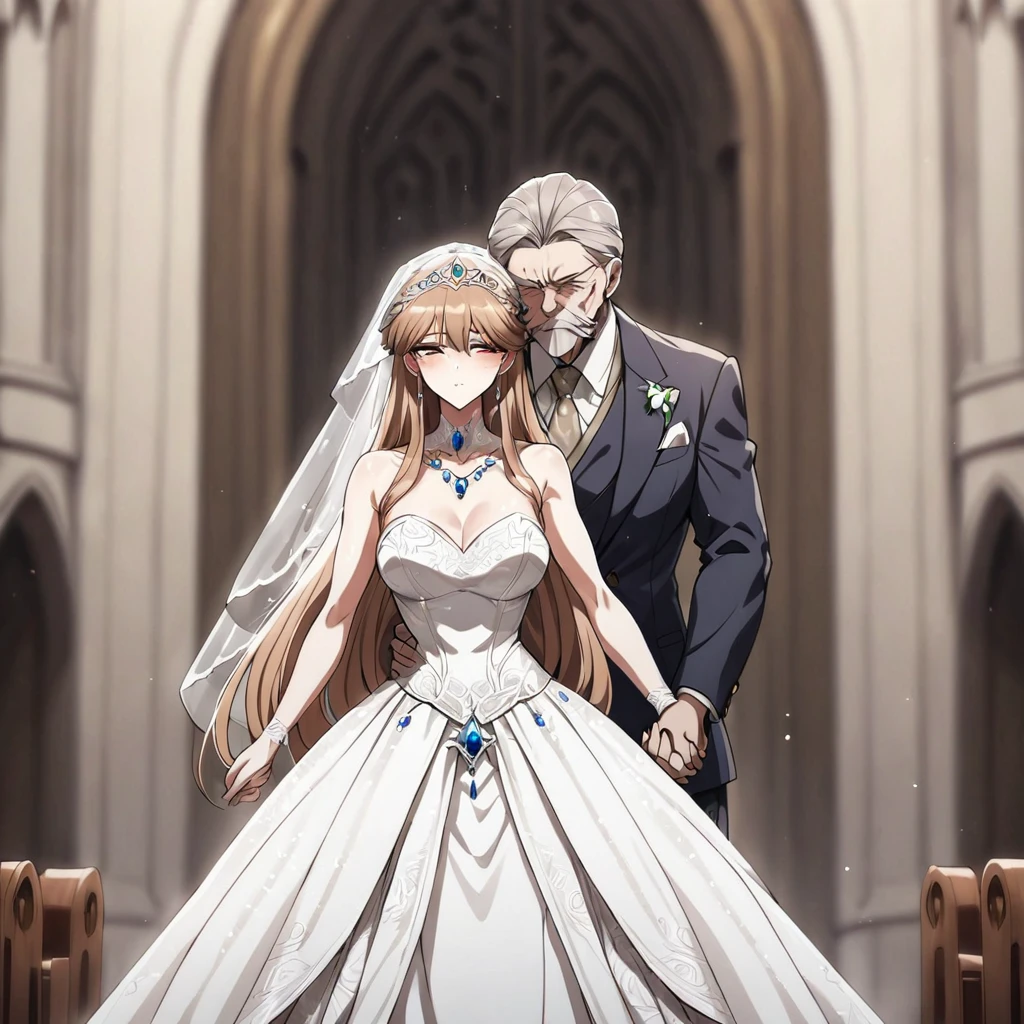 ((Highest quality)), ((masterpiece)), (detailed), (Perfect Face)、The woman is Princess Leona, a strong, dignified, and powerful old man who is a villain, and they embrace each other, kissing as they get married. She has medium-long light brown hair, and is wearing a gorgeous, glittering, and jeweled wedding dress and wedding veil. They are holding hands and kissing as they get married in a gorgeous church with the strong, dignified, and powerful old man who is a villain, the general.、The woman has medium-long hair, is brainwashed, has no expression, and has no highlights in her eyes.