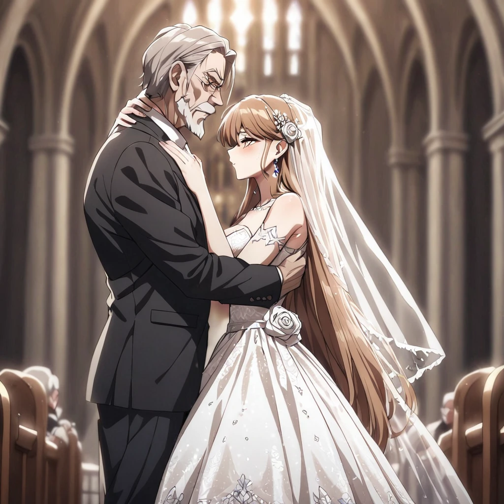 ((Highest quality)), ((masterpiece)), (detailed), （Perfect Face）、The woman is Princess Leona, a strong, dignified, and powerful old man who is a villain, and they embrace each other, kissing as they get married. She has medium-long light brown hair, and is wearing a gorgeous, glittering, and jeweled wedding dress and wedding veil. They are holding hands and kissing as they get married in a gorgeous church with the strong, dignified, and powerful old man who is a villain, the general.、The woman has medium-long hair, is brainwashed, has no expression, and has no highlights in her eyes.