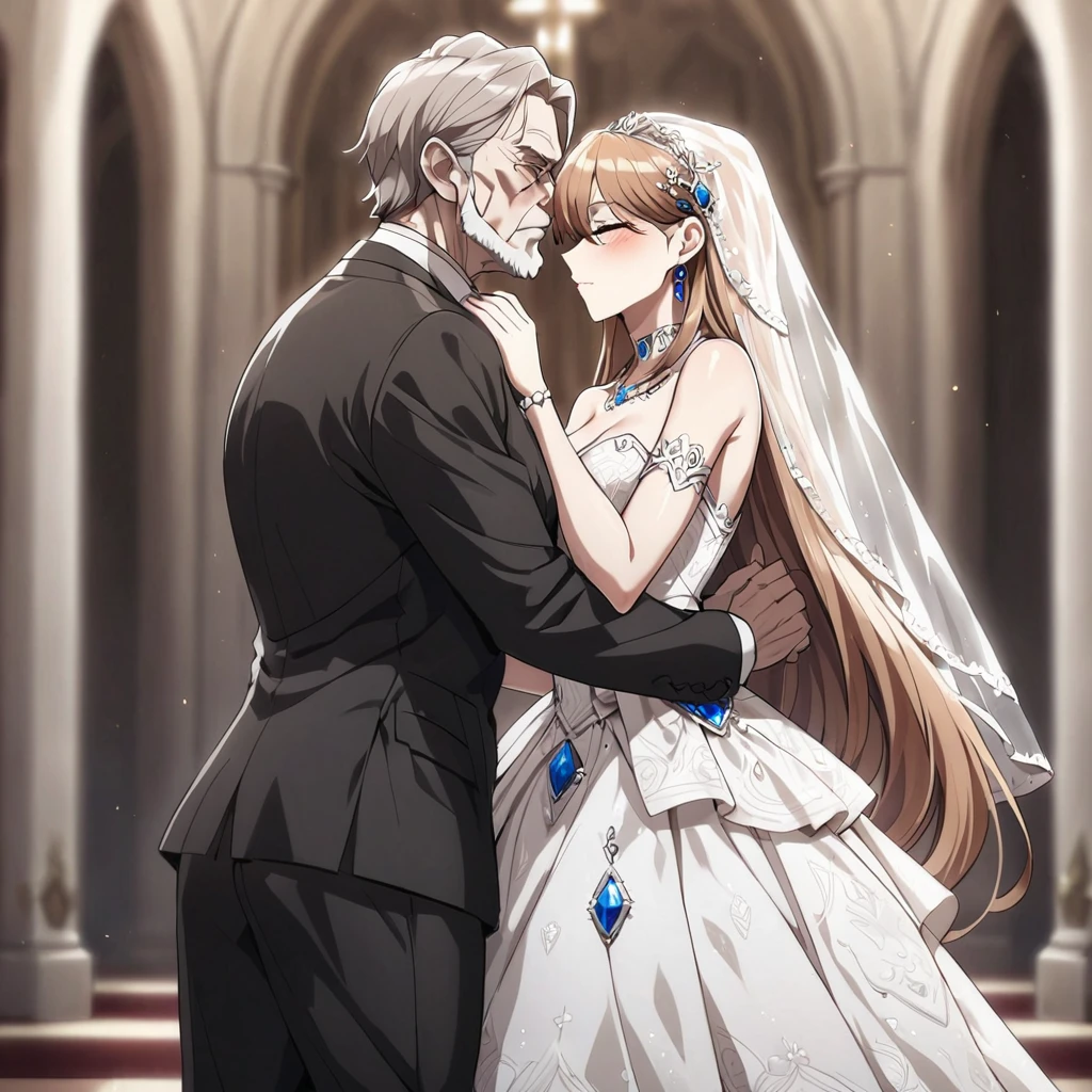 ((Highest quality)), ((masterpiece)), (detailed), (Perfect Face)、The woman is Princess Leona, a strong, dignified, and powerful old man who is a villain, and they embrace each other, kissing as they get married. She has medium-long light brown hair, and is wearing a gorgeous, glittering, and jeweled wedding dress and wedding veil. They are holding hands and kissing as they get married in a gorgeous church with the strong, dignified, and powerful old man who is a villain, the general.、The woman has medium-long hair, is brainwashed, has no expression, and has no highlights in her eyes.