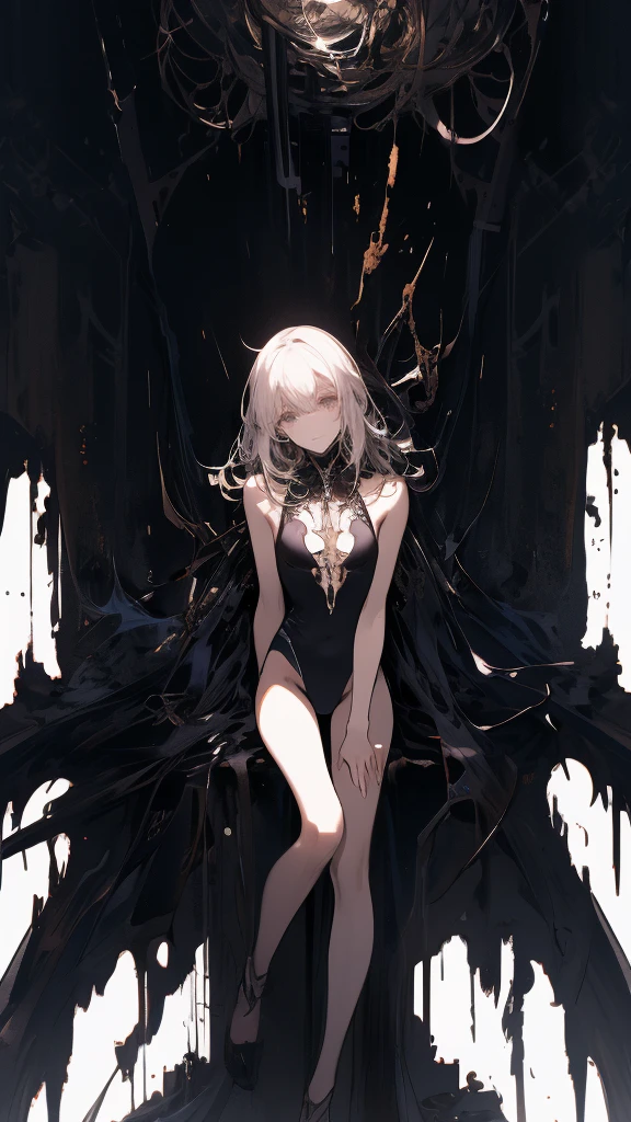 masterpiece, Highest quality, Observe the audience, length Hair, Fresh, (Wavy Hair:0.7),
Black Theme, ((((Grey Ruins,)))),Human whole body,Sheer leotard,Front view,Golden Eyes,Bright pupils,length, Pure white straight hair,Small Breast Hysterics,Expressionless、(Full Shot),Ultra-high resolution,Accurate,Very detailed,Award-winning,Attention to detail,Highest quality,8K、High Leg、mysterious、Quiet abandoned cityscape、Endless Dark Machine Ruins、Ultra-high resolution、8K,Amazingly clear face、White skin、
