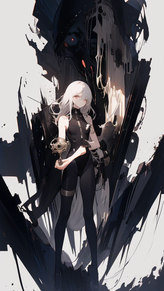 masterpiece, Highest quality, Observe the audience, length Hair, Fresh, (Wavy Hair:0.7),
Black Theme, ((((Grey Ruins,)))),Human whole body,Sheer leotard,Front view,Golden Eyes,Bright pupils,length, Pure white straight hair,Small Breast Hysterics,Expressionless、(Full Shot),Ultra-high resolution,Accurate,Very detailed,Award-winning,Attention to detail,Highest quality,8K、High Leg、mysterious、Quiet abandoned cityscape、Endless Dark Machine Ruins、Ultra-high resolution、8K,Amazingly clear face、White skin、