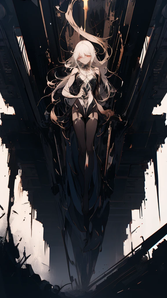 masterpiece， Highest quality， Observe the audience， length Hair， Fresh， （Wavy Hair：0.7），
Black Theme， （（（（Grey Ruins，）））），Human whole body，Sheer leotard，Front view，Golden Eyes，Bright pupils，length, Pure white straight hair，Small Breast Hysterics，Expressionless、（Full Shot），Ultra-high resolution，Accurate，Very detailed，Award-winning，Attention to detail，Highest quality，8K、High Leg、mysterious、Quiet abandoned cityscape、Endless Dark Machine Ruins、Ultra-high resolution、8K，Amazingly clear face、White skin、