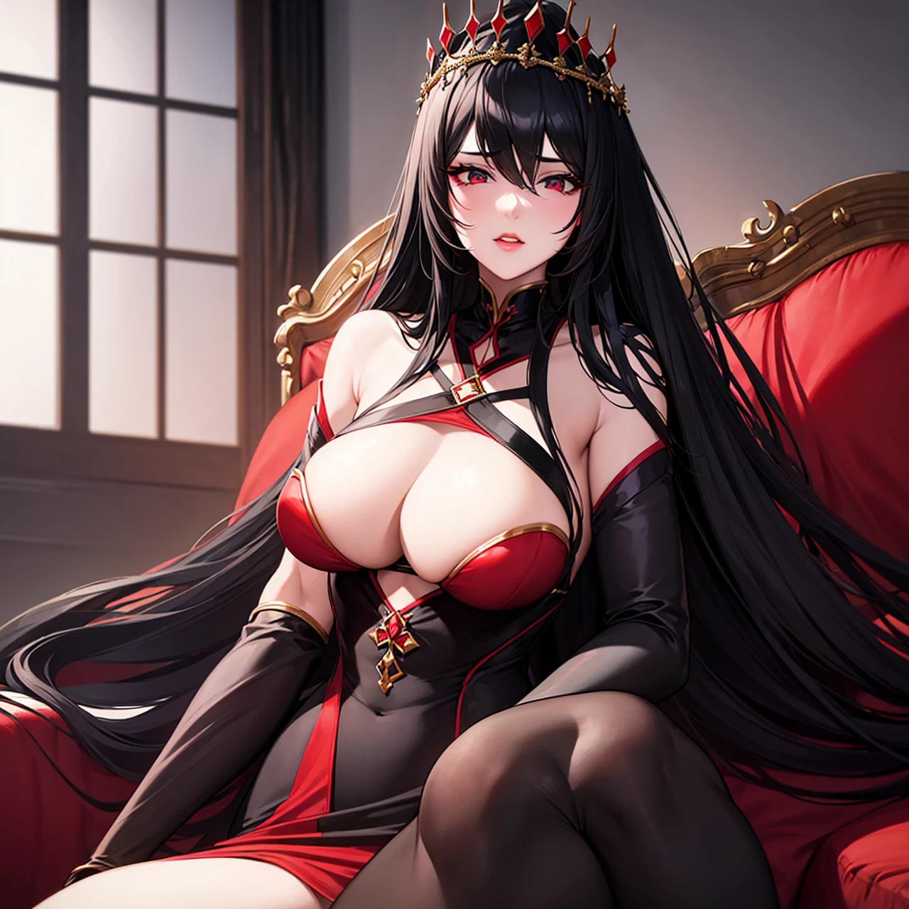 A Beautiful black long hair busty queen keen eyes sharp face glossing lips wear a black bodysuit with red detail black stocking sitting on sofa,medieval,chess theme,ultra realistic,high detail character