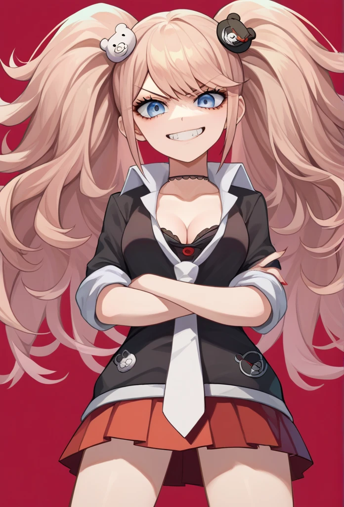 score_9, score_8_up, score_7_up, source_anime, solo, 1girl, enoshima junko, grin, looking at viewer, standing, crossed arms, twintails, bear hair ornament, v-shaped eyebrows, , black shirt, white necktie, red bow, sleeves rolled up, red skirt, choker, collarbone, cleavage 