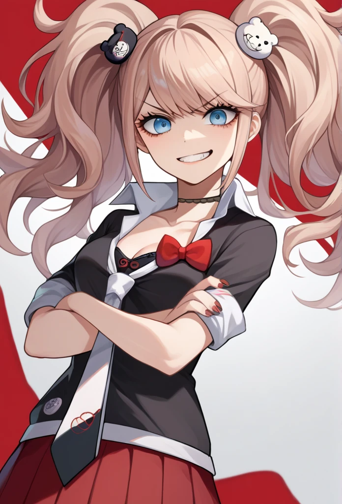 score_9, score_8_up, score_7_up, source_anime, solo, 1girl, enoshima junko, grin, looking at viewer, standing, crossed arms, twintails, bear hair ornament, v-shaped eyebrows, , black shirt, white necktie, red bow, sleeves rolled up, red skirt, choker, collarbone, cleavage 