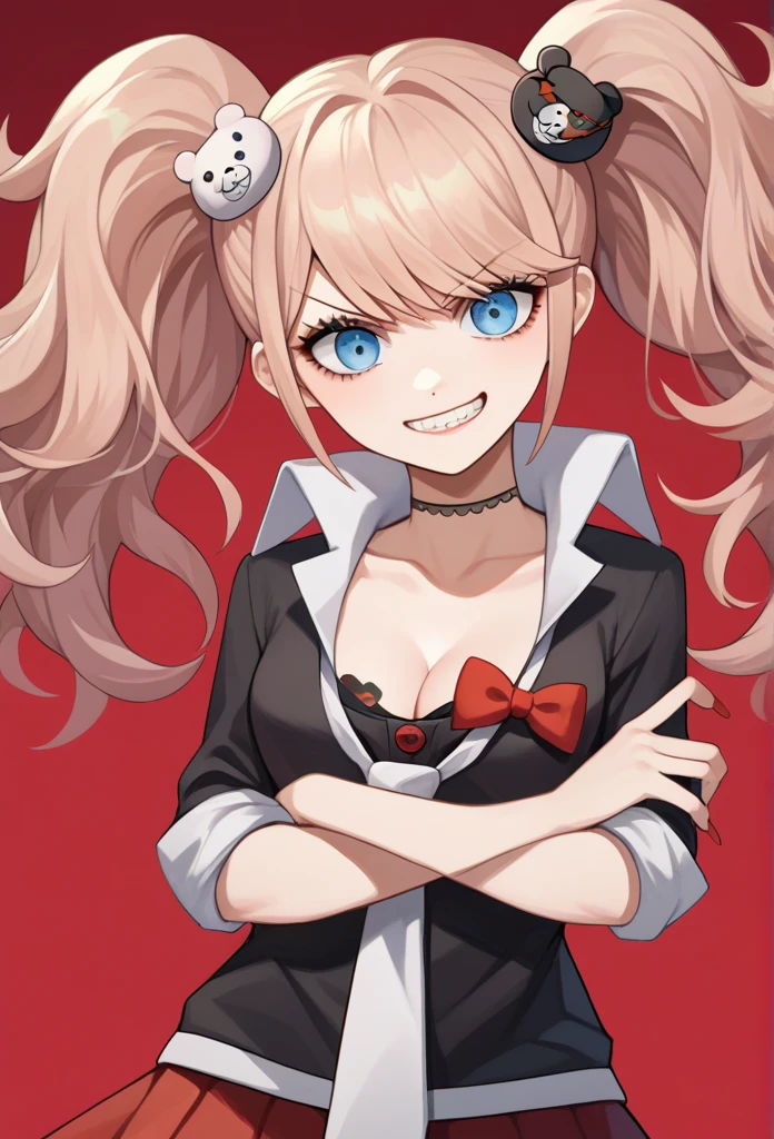 score_9, score_8_up, score_7_up, source_anime, solo, 1girl, enoshima junko, grin, looking at viewer, standing, crossed arms, twintails, bear hair ornament, v-shaped eyebrows, , black shirt, white necktie, red bow, sleeves rolled up, red skirt, choker, collarbone, cleavage 