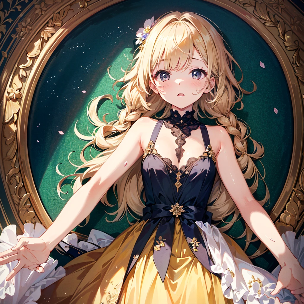 (((Super Masterpiece, Super High Definition, 16K, Very Delicate and Beautiful))))), (((Masterpiece, Highest Quality, 8K, Clear and Detailed, Very Clean and Clear))), Very Beautiful, Bed (flowers all around the girl), dress (luxurious dress, beautiful embroidery, beautiful dress, cute dress), , round, 8 ), small breasts, super long hair (braids) , bangs, beautiful yellow), (baby facehort legs, dazed, mouth slightly open, on back, from above, ), girl lying separately with her hands on her chest.color々A pose、On all fours、color々Composition