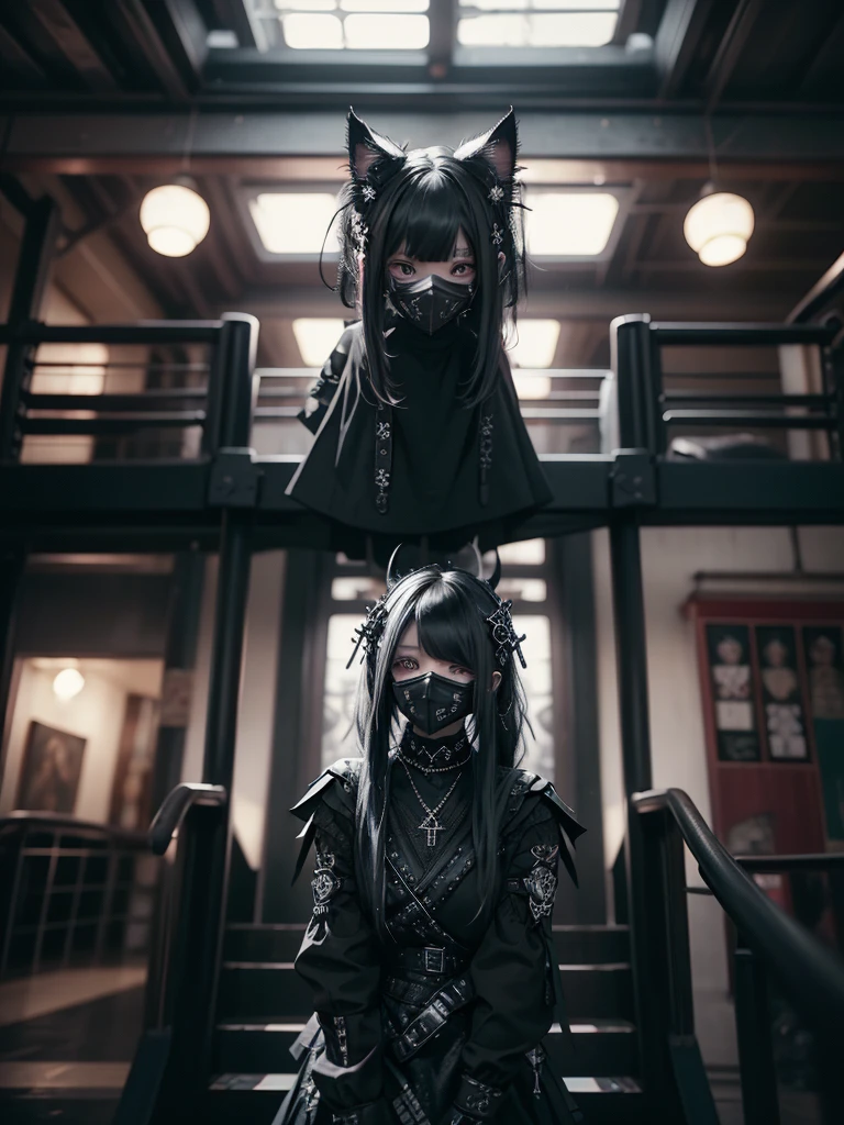 Highest quality、8K、masterpiece:1.3、Gothic Punk、The inside color is red、Black-haired、hair ornaments、Beautiful girl、creative、Dark Fantasy Style、Neogoth、Goth Fashion:1.2、High resolution、masterpiece、Highest quality、頭w:1.3、((Hasselblad Photos))、Fine skin、Sharp focus、(Cinematic lighting)、Realistic textured hair、((Black Mask)),Esbian all over、((View from below))