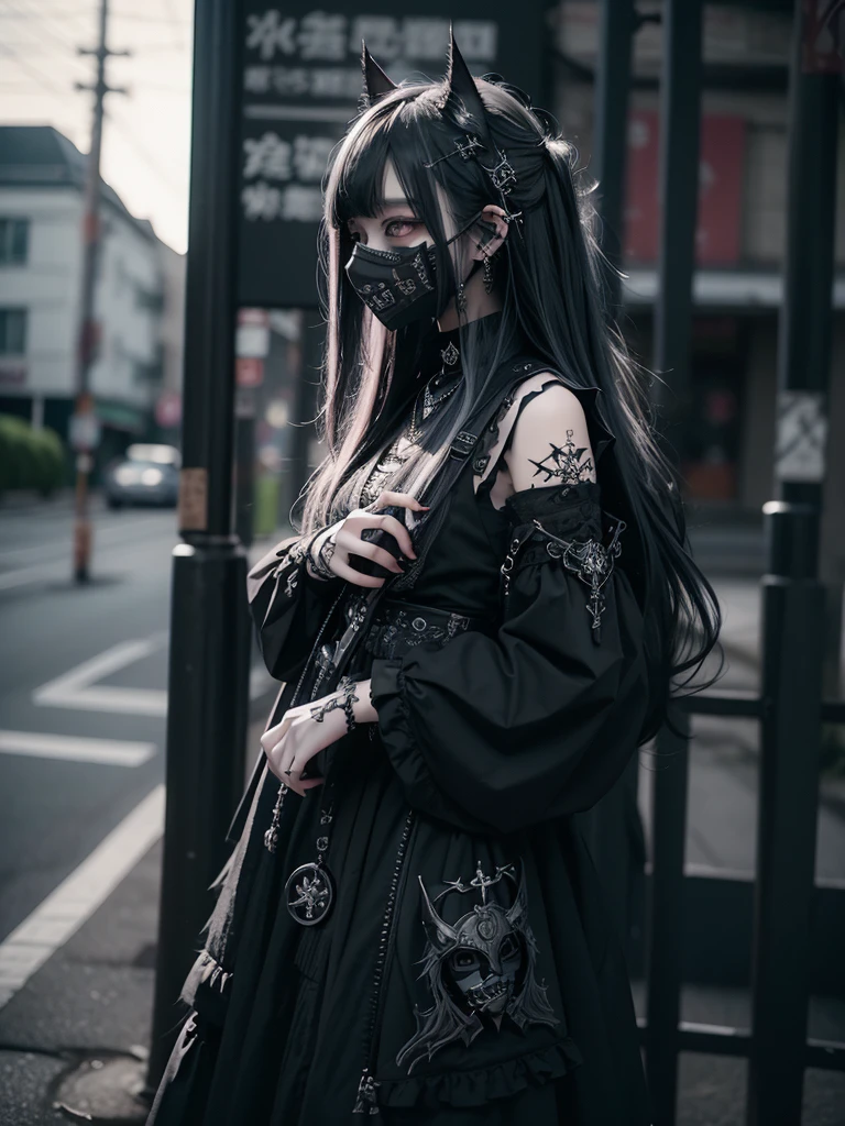 Highest quality、8K、masterpiece:1.3、Gothic Punk、The inside color is red、Black-haired、hair ornaments、Beautiful girl、creative、Dark Fantasy Style、Neogoth、Goth Fashion:1.2、High resolution、masterpiece、Highest quality、頭w:1.3、((Hasselblad Photos))、Fine skin、Sharp focus、(Cinematic lighting)、Realistic textured hair、((Black Mask)),Esbian all over、((View from below))
