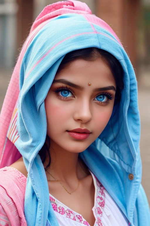A subtly captivating portrait photo of a young Muslim woman accentuated by her radiant white face and vibrant blue eyes, clear focus on her mesmerizing gaze, intricate detailing of eyelashes, high-key lighting, dramatic shadows, volumetric visual effects, breath-taking vivid colors, high contrast, cinematic realism.