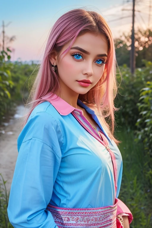 Russian girl eyes colour sky blue and lips pink and clothes Indians traditional