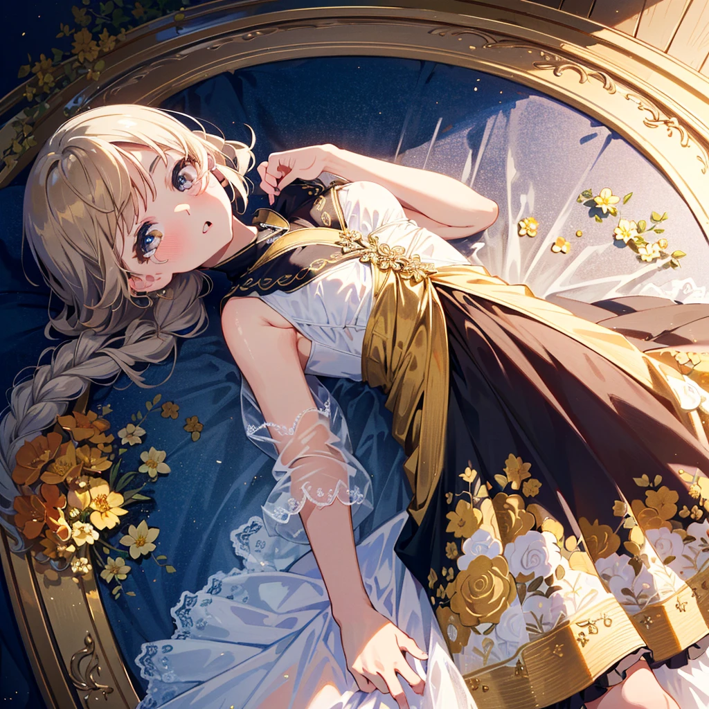 (((Super Masterpiece, Super High Definition, 16K, Very Delicate and Beautiful))))), (((Masterpiece, Highest Quality, 8K, Clear and Detailed, Very Clean and Clear))), Very Beautiful, Bed (flowers all around the girl), dress (luxurious dress, beautiful embroidery, beautiful dress, cute dress), , round, 8 ), small breasts, super long hair (braids) , bangs, beautiful yellow), (baby facehort legs, dazed, mouth slightly open, on back, from above, ), girl lying separately with her hands on her chest.color々A pose、On all fours、color々Composition
