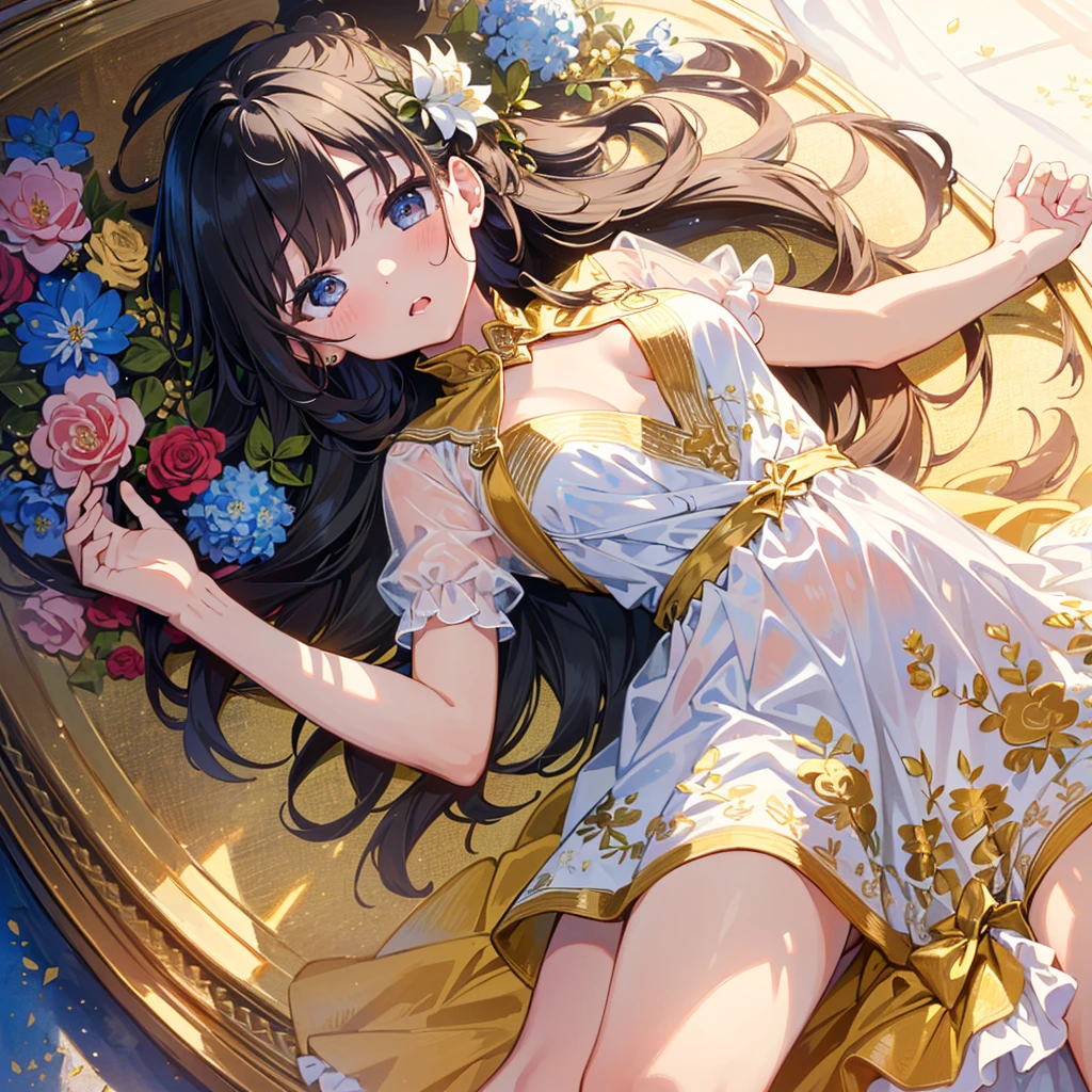(((Super Masterpiece, Super High Definition, 16K, Very Delicate and Beautiful))))), (((Masterpiece, Highest Quality, 8K, Clear and Detailed, Very Clean and Clear))), Very Beautiful, Bed (flowers all around the girl), dress (luxurious dress, beautiful embroidery, beautiful dress, cute dress), , round, ), small breasts, super long hair (braids) , bangs, beautiful yellow), (baby face: 1.2), short legs, dazed, mouth slightly open, on back, from above, ), girl lying separately with her hands on her chest.color々A pose、On all fours、color々Composition