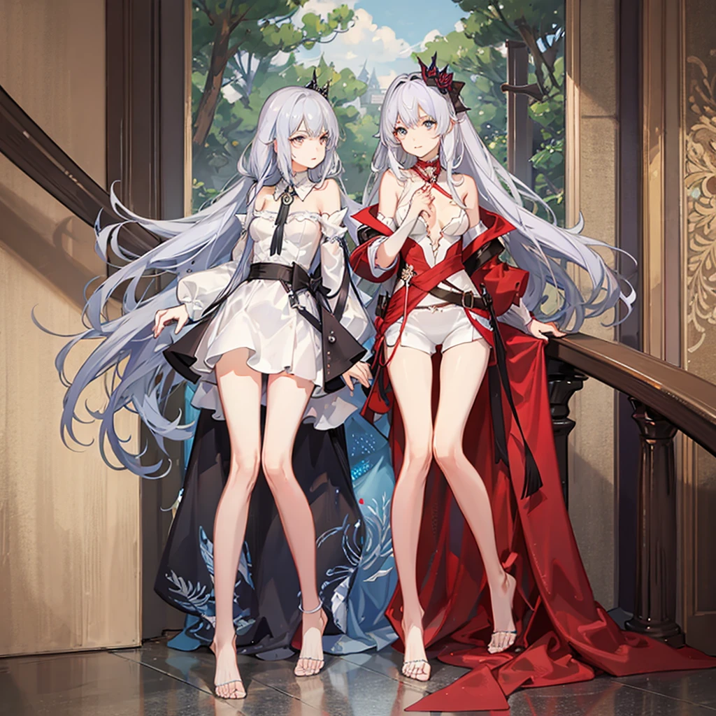 ((best quality)), ((masterpiece)), (detailed), 1 Girl,, Silver Hair,Silver pupils,Barefoot,Slender figure,Slim body,,Bangs,Slightly curly long hair,bedroom,beautiful girl,Beautiful face,Oval face,big eyes,Light makeup,Minors,Standing,full-body shot,Translucent Pajamas,Barefoot,Slender thighs,Disheveled,Off-shoulder,Shy expression