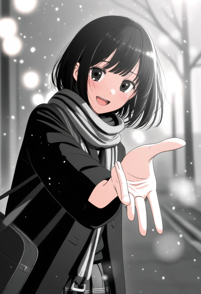 masterpiece, best quality, 1girl, mamerakkkkko, grayscale, manga style, japanese, chi no wadachi, black eyes, street, iced, black hair, schoolbag, smile, lineart, black coat, black scarf, black pleated skirt, leggins, centered, 18 years old, tall, fair skinned, bokeh background, crying, tears, tears streaming, bob cut, light particles, centered, snowing, (((reaching out left hand to viewer, perfect hand, detailed hand:1.1)), emotional anime scene
