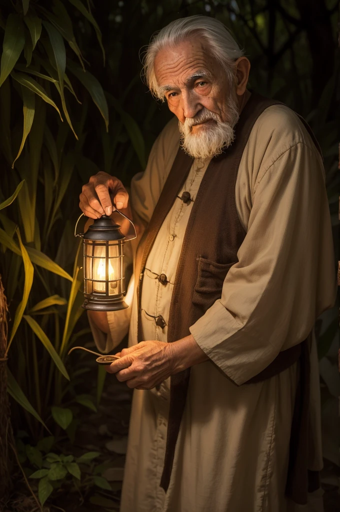 A wise old man, with an oil lantern in hand, em uma floresta escura