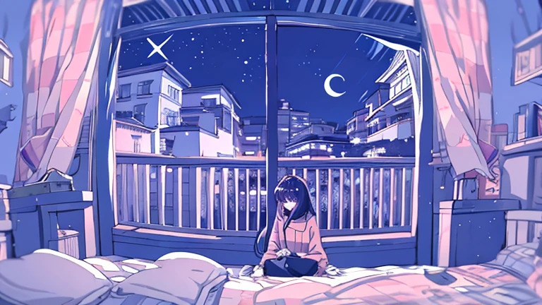 Detailed anime girls, clad in large sweaters, don headband headphones, basking in the praises of admirers. The quiet ambiance, enveloped in a tranquil atmosphere, contrasts the sudden exclamation of "That's horrible!" as she gazes out of her bedroom window into the stillness of the night. A feline companion perched beside her completes this masterpiece of the highest quality.