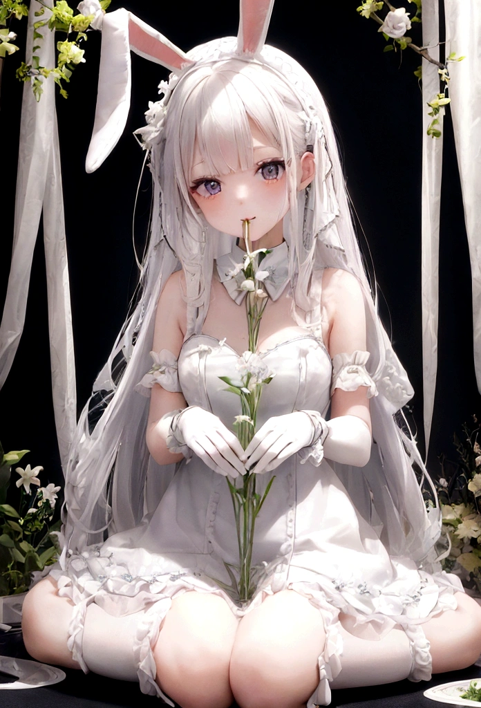 1 girl, kemono, rabbit girl, cute girl, white hair, innocent appearance, porcelain skin, feminine charm