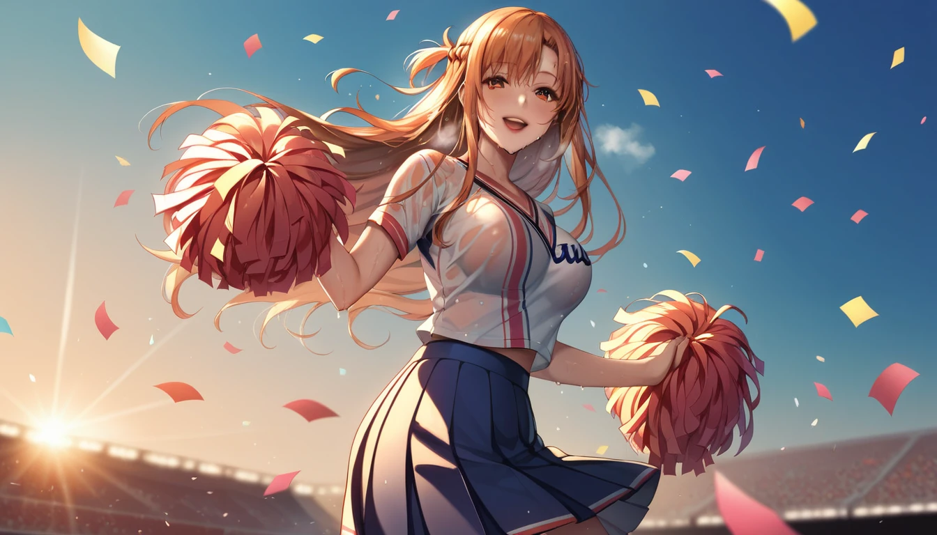 score_9, score_8_up, score_7_up, score_6_up, uncensored, Yuuki Asuna, absurdly long hair, orange eyes, orange hair, very long hair, lips, shiny skin, sweating, wet, wet hair, steaming body, heavy breathing, large breasts, detailed body, detailed eyes, seductive smile, upper teeth, happy,1girl, cheerleader, cowboy shot, pom pom \(cheerleading\), :d, pink clothing, masterpiece,best quality,highres,ultra-detailed, outdoors, dusk, confetti, pleated skirt,