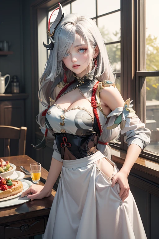 Shenhe_(genshin impact), long hair, white hair, floating hair, flowing hair, ornament hair, chinese hairpin, golden roses ornament on her hair, maid, maid dress, maid headdress, maid apron, braided hair, white hair, long hair, seat on the table, dinner room, minimalist home style, maid dress, white dress, more details on her clothes, golden details on her clothes, smiling, holding a strawberry close to her mouth, plates on the table in background, black lanterns on the wall, a window in the background,