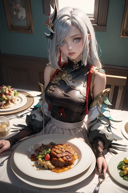 Shenhe_(genshin impact), long hair, white hair, floating hair, flowing hair, ornament hair, chinese hairpin, golden roses ornament on her hair, maid, maid dress, maid headdress, maid apron, braided hair, white hair, long hair, seat on the table, dinner room, minimalist home style, maid dress, white dress, more details on her clothes, golden details on her clothes, smiling, holding a strawberry close to her mouth, plates on the table in background, black lanterns on the wall, a window in the background,