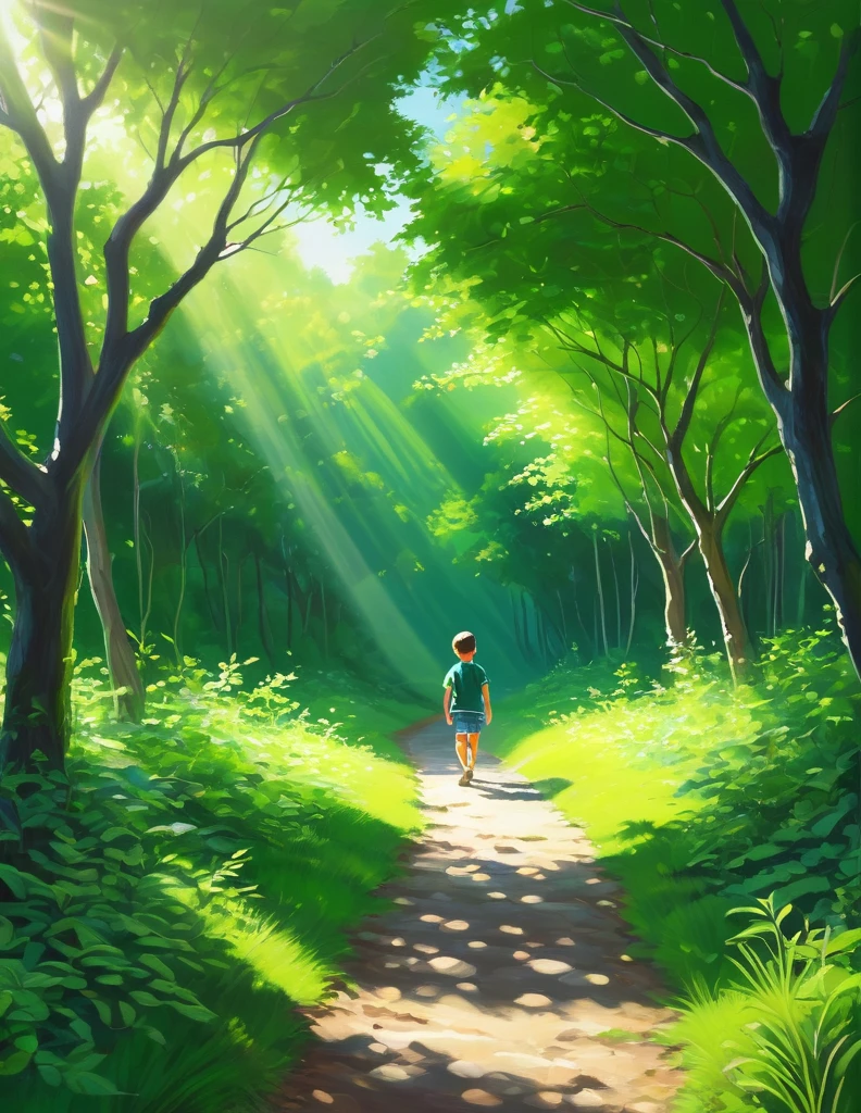 "Acrylic painting of a greenery canopy green summer forest, a walking on pathway in distant, sunlight, bushes, octane render, HD, extremely detailed, smooth, beautiful
