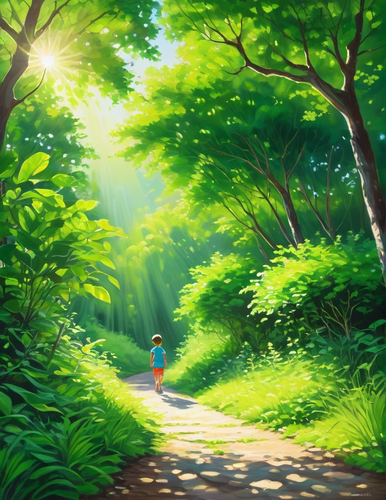 "Acrylic painting of a greenery canopy green summer forest, a boy walking on pathway in distant, sunlight, bushes, octane render, HD, extremely detailed, smooth, beautiful