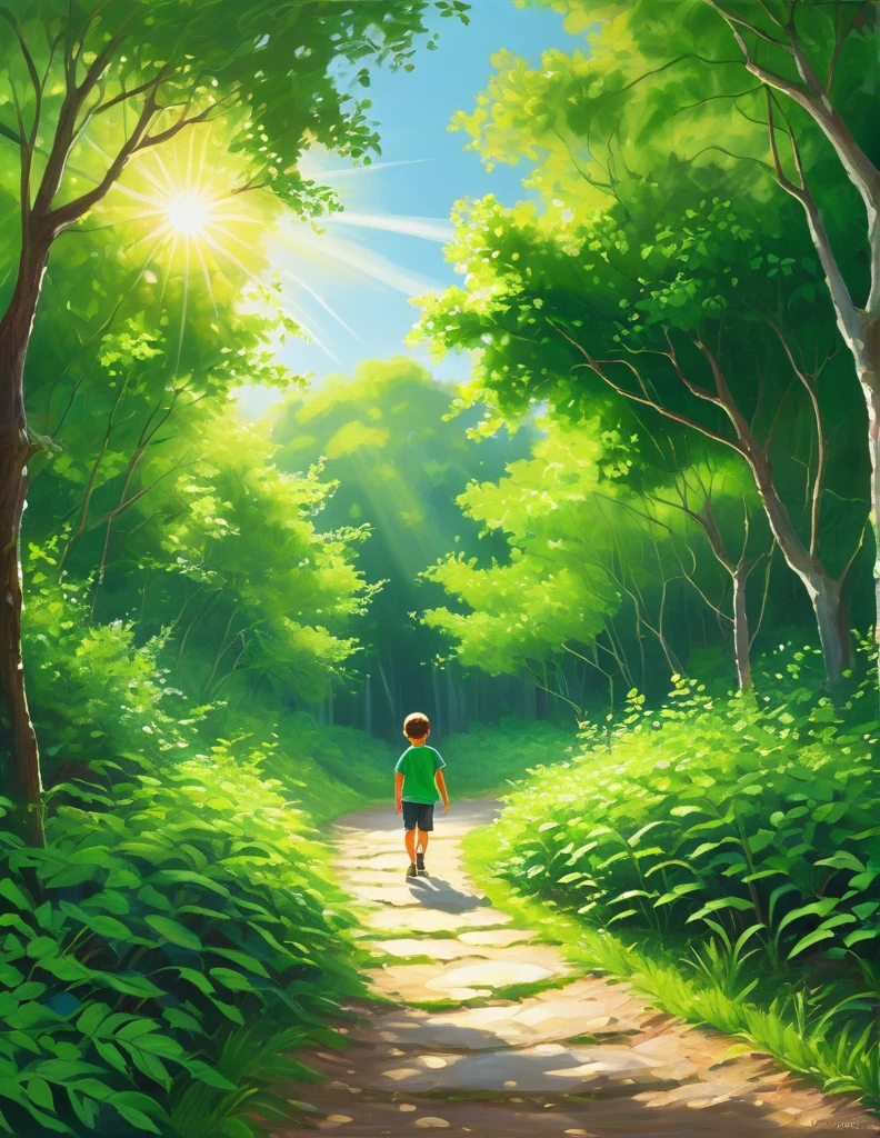 "Acrylic painting of a greenery canopy green summer forest, a  walking on pathway in distant, sunlight, bushes, octane render, HD, extremely detailed, smooth, beautiful 