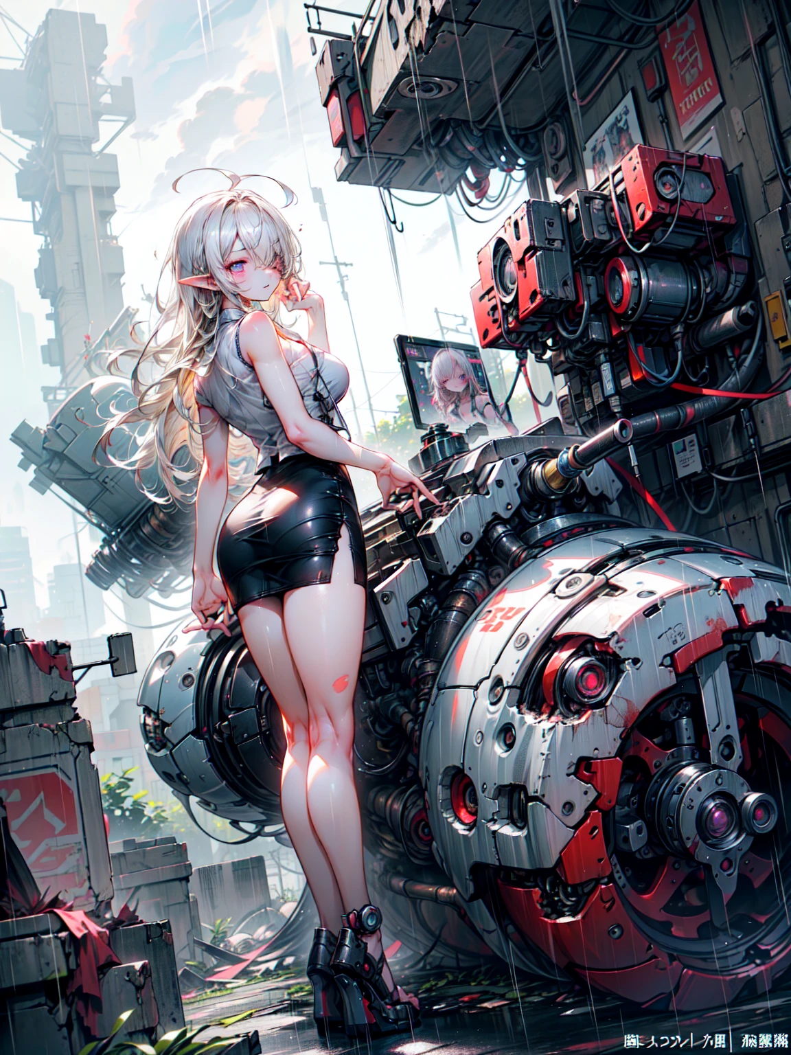 super high quality、8K quality、High resolution、Image quality captured with a single-lens reflex camera、(SFW)、Perfect Anatomy、(黒のオフィスsuitテーマ）Cowboy Shot、Beautiful Mecha Girl、Beautiful blonde 20 year old girl.Orange eyes、(A blank look、Loss of eye color:1.3)(Good shape、Big Breasts、Cleavage)、3d, Realistic black machine parts、（Shoulders and legs are exposed:1.2）(Real Mechanical Unit)、break(office lady, suit, Pencil Skirt, Wear a miniskirt:1.4)(Praying to God pose:1.4)(Mechanical parts below the elbows and knees:1.2)(Damaged、、Damaged mechanical leg、missing feet、 Destroyed mechanical leg、spark:1.5)(Soaking wet、Rain-soaked body:1.2)、break、（natural disaster:1.5）（Perfect Anatomy:1.4）、break、(Back view、avert your eyes:1.3)(Sitting:1.2)(Movie angle:1.3)Collapsed building、rooftop(Storm and heavy rain:1.6)、Blake、非常にdetailed (Dark Elf), (1 Girl), alone, Perfect Face, detailed, Ahoge, ((Long Hair:1.2)), (Hair above one eye:1.3), [[Messy Hair]], Shiny blonde white hair, Purple eyes, Variegated eyes, Colorful Hair, Shining Eyes, Bright Eyes, Face imprint, (eyelash, eye shadow, pink eye shadow), smile, Design Art：Haruhiko Mikimoto, by Kawashi, By Yoshitaka Amano,break、 ((Perfect Anatomy)), Nice body、(非常にdetailed指), Best Hand, Perfect Face,(Perfect Fingers), Correct Anatomy,