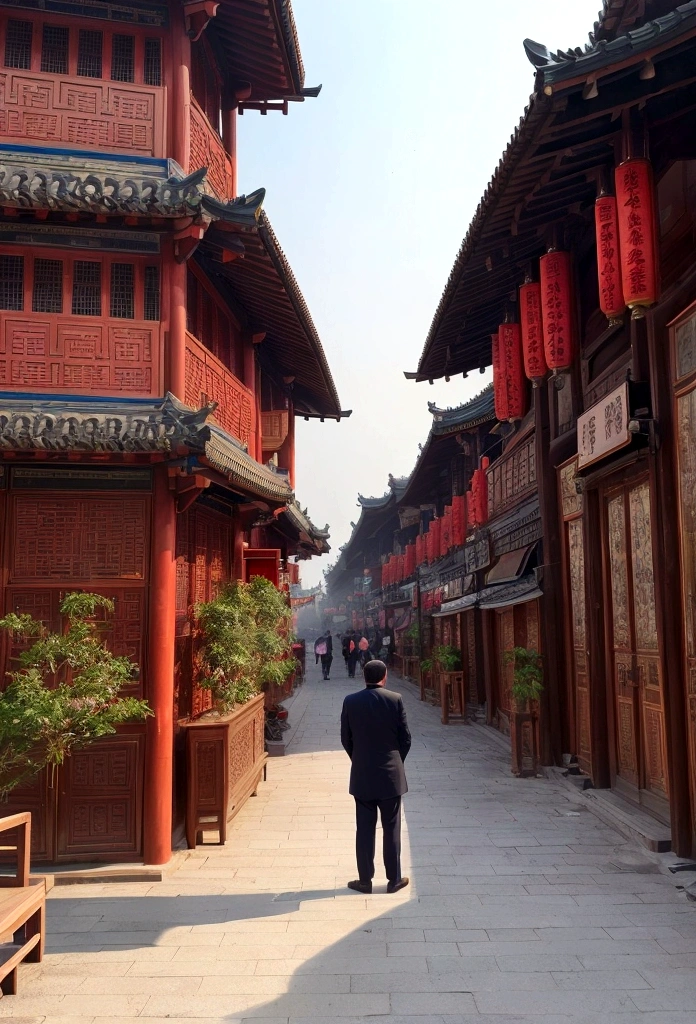 The bustling streets of Chang'an city, filled with carriages and bustling crowds, with palaces faintly visible in the distance.
A middle-aged man stands on the city wall, gazing into the distance, looking thoughtful.