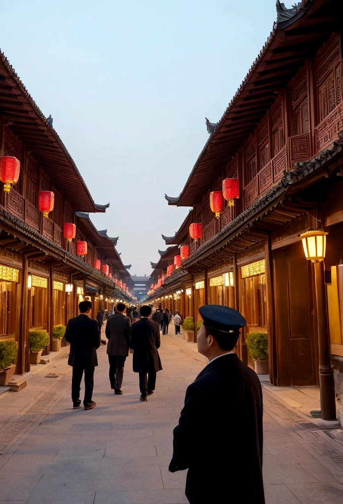 The bustling streets of Chang'an city, filled with carriages and bustling crowds, with palaces faintly visible in the distance.
A middle-aged man stands on the city wall, gazing into the distance, looking thoughtful.