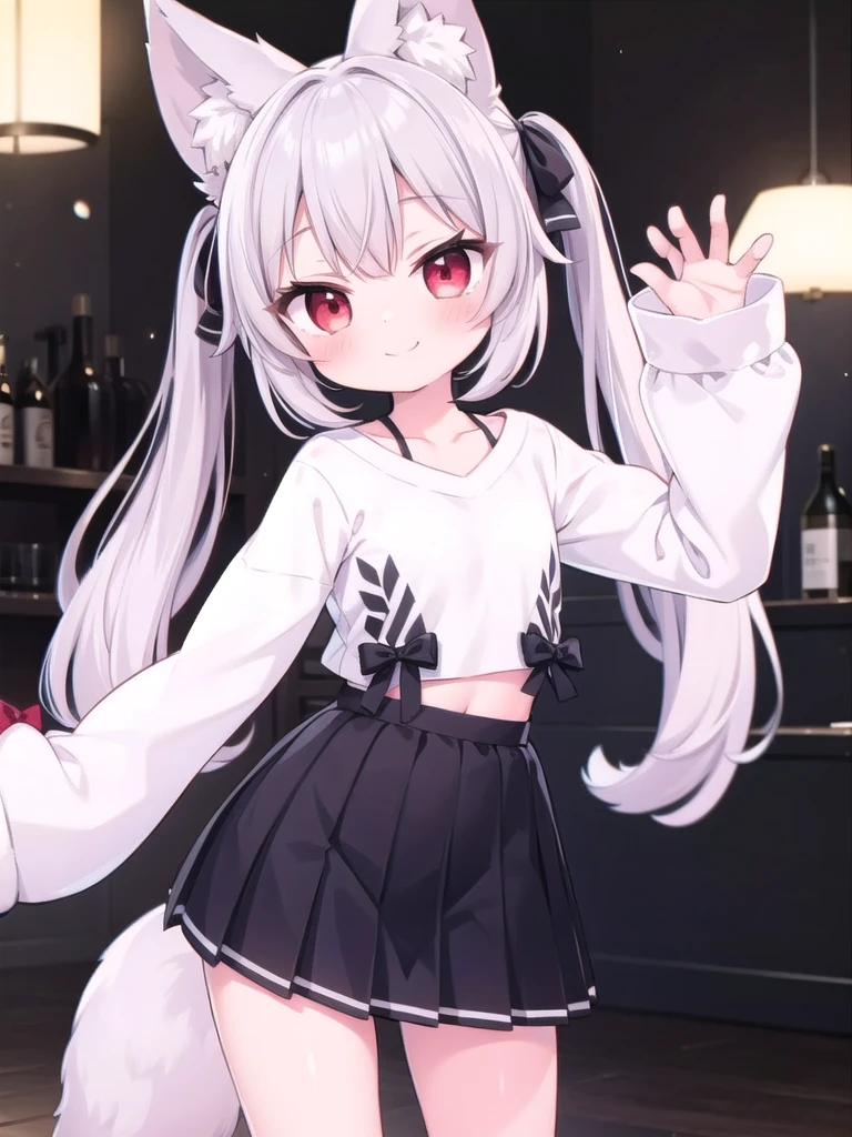 1girl, masterpiece, best quality, perfect hands, grey hair, long hair, twintails, bangs, animal ears, fox ears, animal ear fluff, red eyes, tail, fox tail, shirt, white shirt, long sleeves, sleeves past wrists, bow, hair bow, red bow, ribbon, skirt, black pleated skirt, fox girl, smile, blush, navel, black hair bow