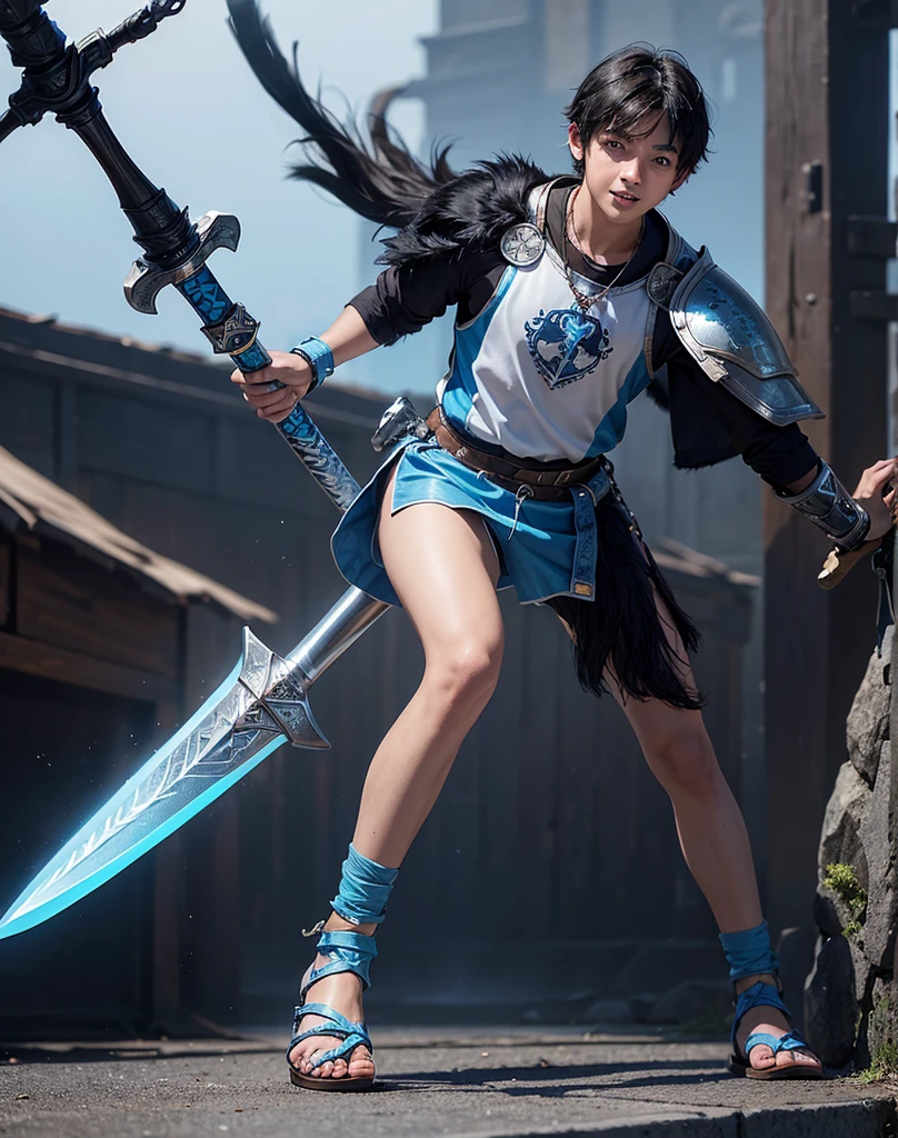 Young 13-year-old boy with black hair and brown eyes, innocent and happy, dressed in short neon-blue medieval barbarian clothes, fur shorts, light-blue battle armor, weilding silver sword and shield, sandals; fullbody; short hair, boyish athletic, sexy, medieval background